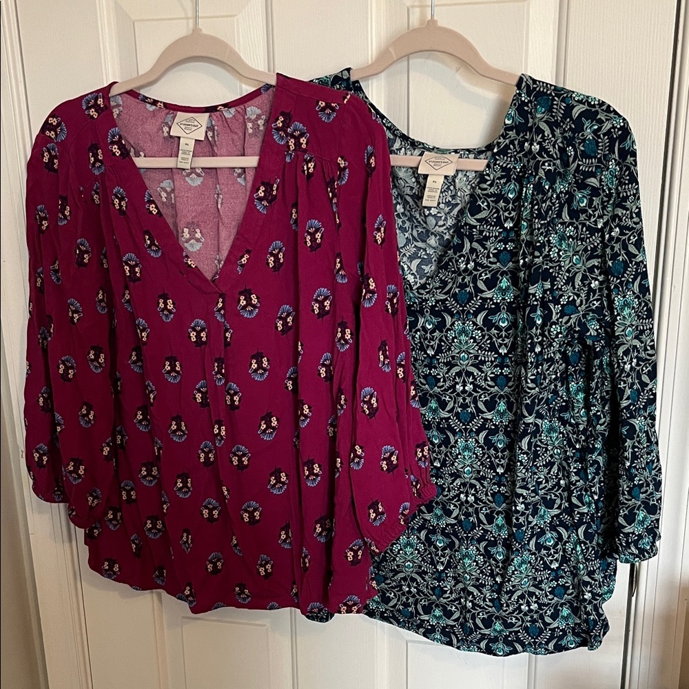 Women's Floral V-Neck Tops - Pink and Blue